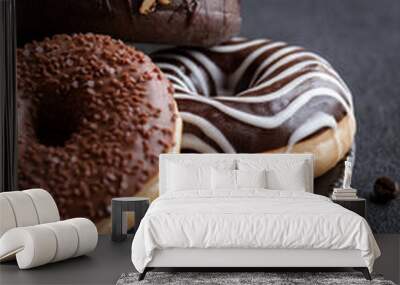 chocolate donuts and coffee beans, sweet delicious baked dessert Wall mural