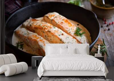 Cooked salmon fish with cream sauce in frying pan Wall mural