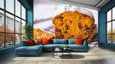 Sweet pumpkin bread with nuts and cranberries, traditional autumn dessert Wall mural