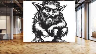 A black and white illustration of a mischievous-looking goblin with a wide grin, large ears, and pointy fingers. Wall mural