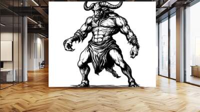 A fierce minotaur with large horns and a muscular physique stands ready to charge. Wall mural