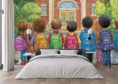 A group of diverse children stand in line in front of a school building, looking at the entrance, with backpacks on their backs. Wall mural