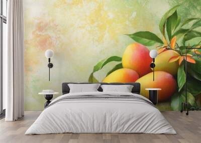 A group of three ripe mangoes, two of them with their skin facing the viewer  Wall mural