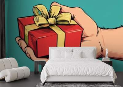 A hand holding out a red gift box with a yellow ribbon. Wall mural