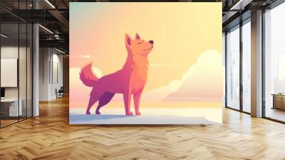 A happy cartoon dog standing in front of a colorful sunset. Wall mural