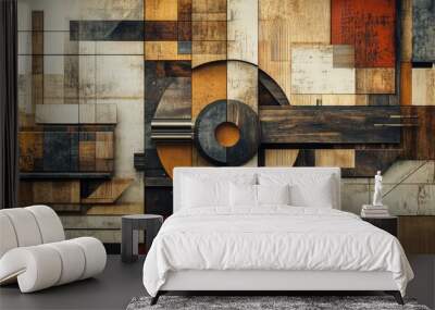 Abstract geometric pattern with various wood textures and shades of brown. Wall mural