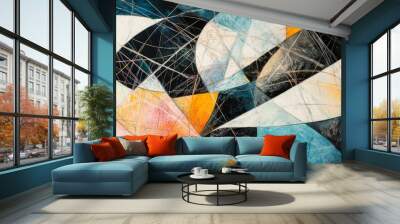 Abstract painting with geometric shapes in blue, yellow, orange, white, and black colors. Wall mural