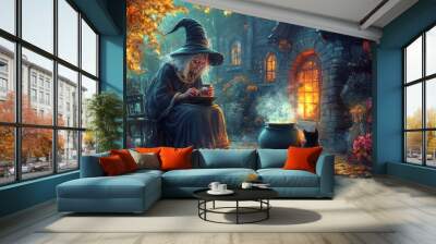 An elderly witch sits outside her cottage, stirring a cauldron with a black cat at her feet. Wall mural