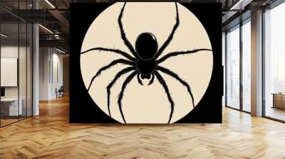 Black silhouette of a spider in a circle on a black background. Wall mural