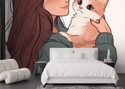 Cartoon illustration of woman hugging cat, AI generated Image Wall mural