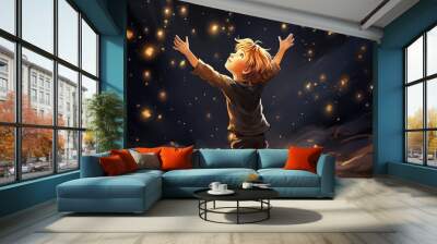 Cartoon little boy reaching for the stars, AI generated Image Wall mural