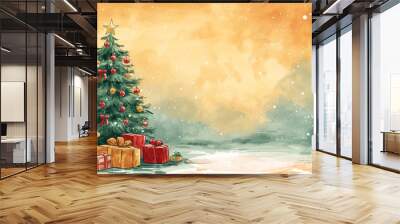 A decorated Christmas tree with presents below, snow falling on a golden sky background. Concept of holiday celebrations, Christmas joy, and festive winter season Wall mural