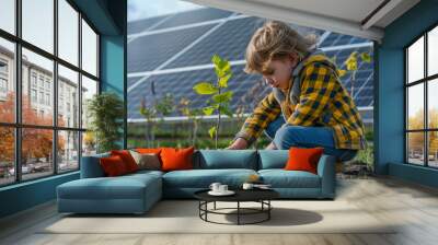 Child planting a tree in front of solar panels, future generation caring for the environment Wall mural