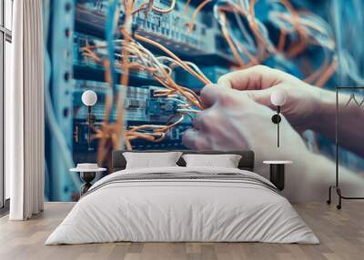 Close-Up of Technician's Hands Working with Network Wires and Servers in Data Center Wall mural