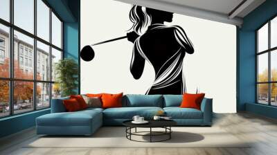 Female Golfer Silhouette on white background, Monochrome, Elegant Sport Pose Wall mural