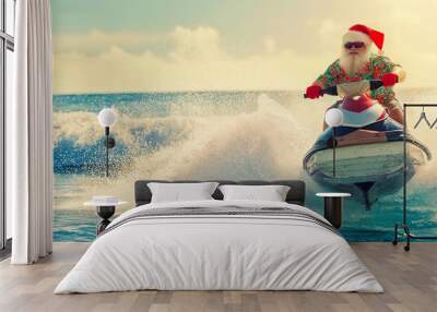 Santa claus in a red hawaiian shirt riding a jet ski across ocean waves on a sunny day, concept of fun tropical christmas adventure and festive water sports during a holiday getaway Wall mural