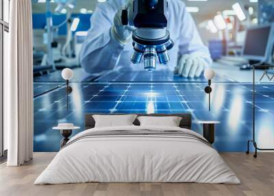 Scientist inspecting solar panels with a microscope, quality control in photovoltaic manufacturing Wall mural