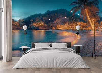 Tropical beach at dusk with palm trees and luxury resorts illuminated by Christmas lights. The calm ocean and festive atmosphere make it ideal for tropical holiday celebrations Wall mural