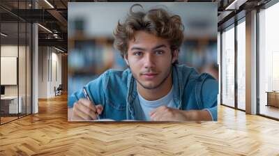 Young caucasian man studying in library, back to school and academic success concept Wall mural