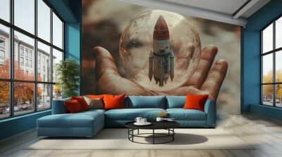 A spaceship or rocket in a transparent glass or plastic ball on a person’s hand. Human space exploration.  World Space Week. Wall mural