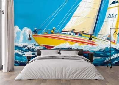 America's Cup. America's Cup Sailing. The most prestigious regatta in the world. Boat with sails on the waves. Illustration with a regatta at sea. Wall mural