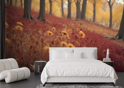 Autumn forest or park landscape with old dark trees and dried orange flowers. AI generated Wall mural