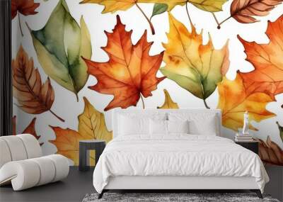 Autumn leaves watercolor painting background on the white, isolated. AI generated Wall mural