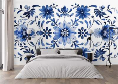 Blue and white tiles with Gzhel style ornaments. Mediterranean porcelain pottery isolated on white background Wall mural