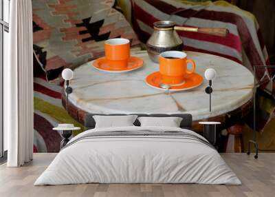 Romantic coffee table, two cups of coffee on a marble table. Wall mural