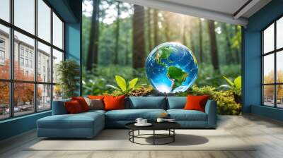 Earth crystal glass globe ball and tree, saving the environment, save a clean planet, ecology concept. 
AI generated Wall mural