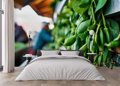 Green salad or beans at the vegetable market, background blurred. Copy space Wall mural