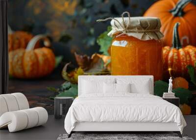 
Pumpkin and orange marmalade in funny jars for Halloween. Scary and funny holiday decor. Halloween product card. Wall mural