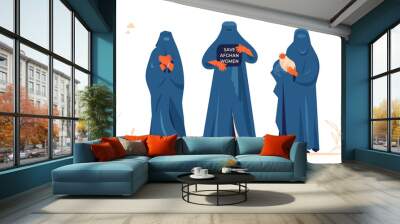 Save Afghanistan. Afghan women wearing burqa or chadaree and paranja. Support people during the war against Taliban. Vector illustration to protect woman from islamist religious-political movement.  Wall mural