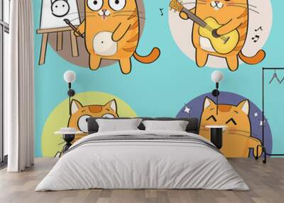 Cartoon Cat Character. Creative hobbies set. vector illustration Wall mural