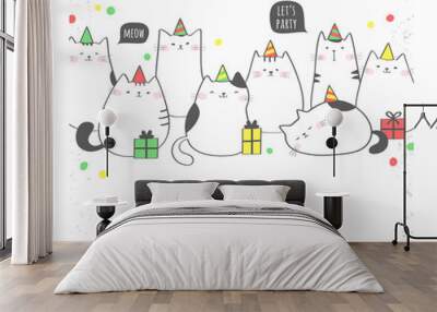 happy birthday greeting card with cute cats and gifts. birthday party. vector illustration Wall mural