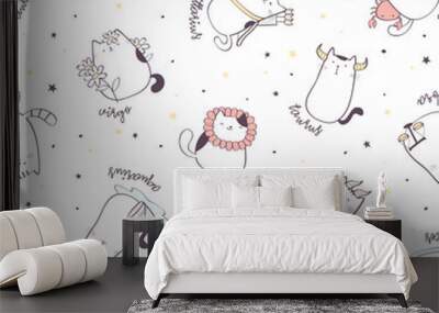 Seamless pattern with cute cartoon zodiac cats. Vector illustration of twelve zodiacal symbols. Vector background Wall mural