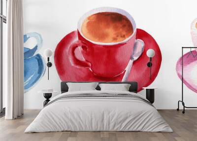 Watercolor illustration delicious cappuccino in a red pink and blue cup Wall mural