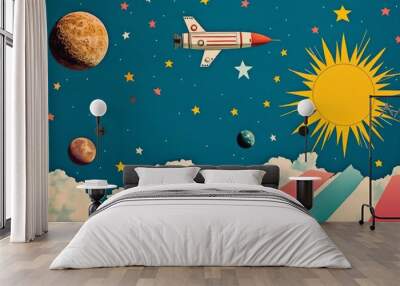 World Space Week. Illustration about space with a rocket. The spaceship flies through time and space to new unknown worlds. Book illustration for science fiction or fantasy. Future space exploration. Wall mural