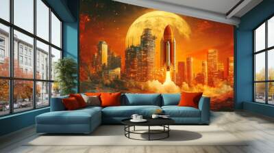 World Space Week. Illustration about space with a rocket. The spaceship flies through time and space to new unknown worlds. Book illustration for science fiction or fantasy. Future space exploration. Wall mural