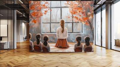 World Teachers Day. Professional holiday of all teachers, teachers and education workers. Illustration with teacher and students in class. Wall mural