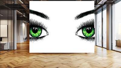 Beautiful open female green eyes with long eyelashes is isolated on a white background. Makeup template illustration. Color sketch felt-tip pens. Handwork. Fast schematic drawing Wall mural