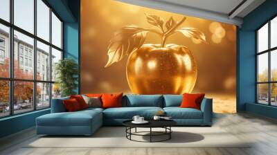 Golden shining apple fruit with leaves on a golden yellow background. Forbidden fruit is the sweetest. Wall mural