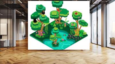 3d isometric design illustration nature landscape with forest, lake, trees, bees, butterflies, snake and crow. Vector illustration. Wall mural