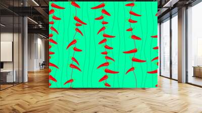 Red chili pepper on a green background. Seamless pattern. Vector illustration. Wall mural