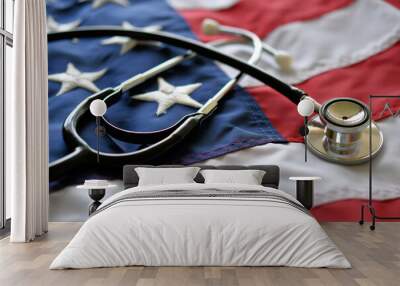 United States America healthcare medical concept - stethoscope on American flag Wall mural