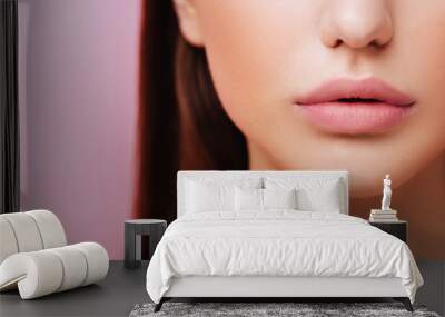 Lips of Beauty cute fashion model with natural make up on pink background Wall mural