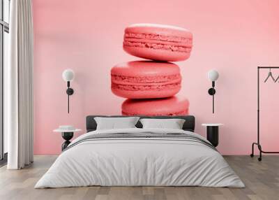 Living coral macaroons on pink background. Wall mural