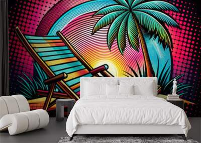 Colorful beach lounge chair under a palm tree on a vibrant abstract background for t-shirt printing Wall mural