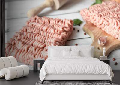 Raw minced meat , ingredients for cooking. on wooden background. Wall mural