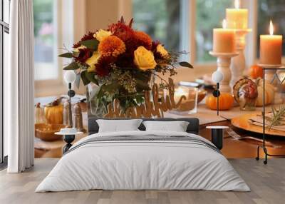 Thanksgiving table setting with floral arrangement and candles Wall mural